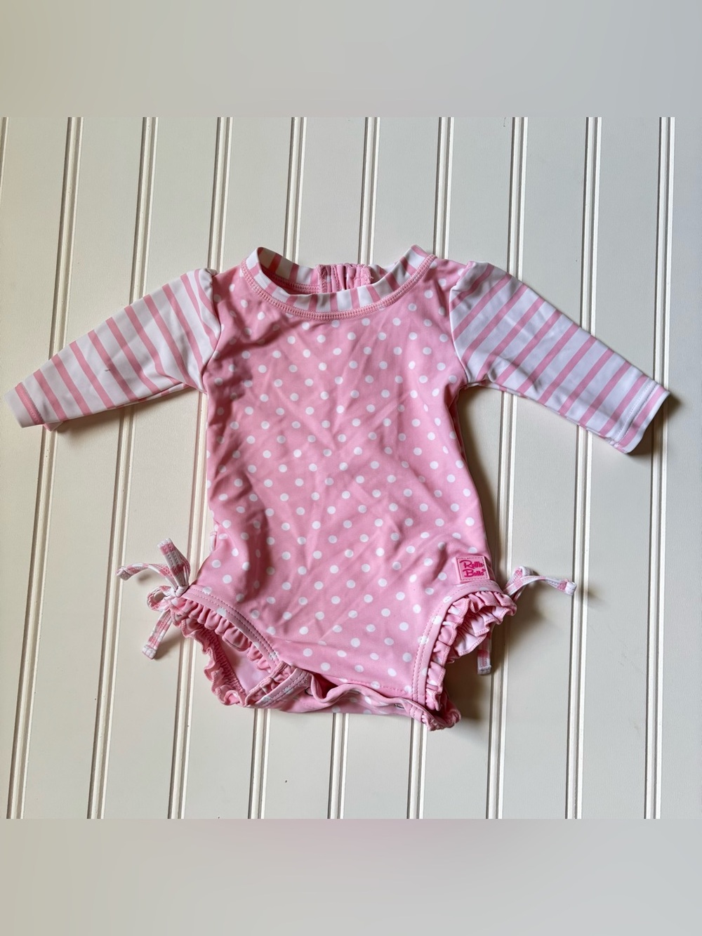 Ruffle Butts | Baby Polka Dot Stripe Pink UPF 50+ Swimsuit Size 0-3 Months